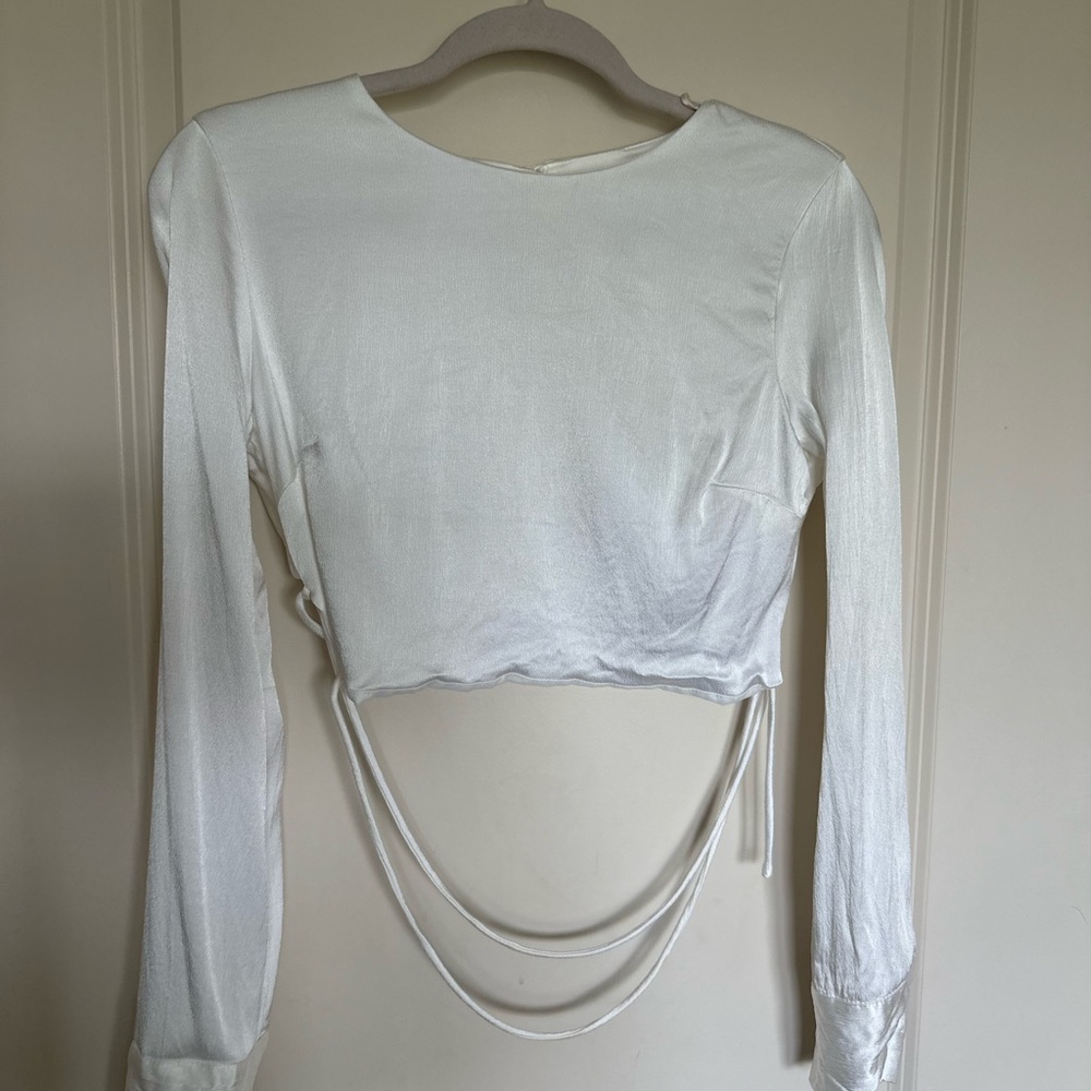Zara White Long Sleeve Blouse with Tie Detail
